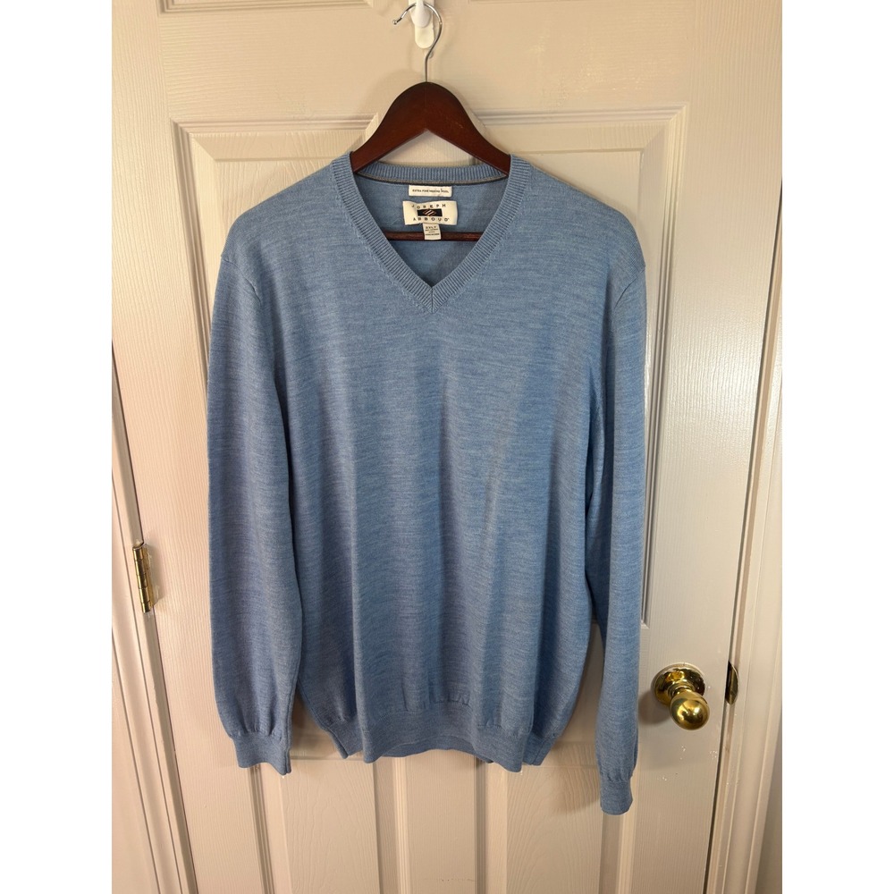 Joseph Abboud Mens 2XLT Extra Fine Merino Wool V-Neck Sweater Light Blue Heather